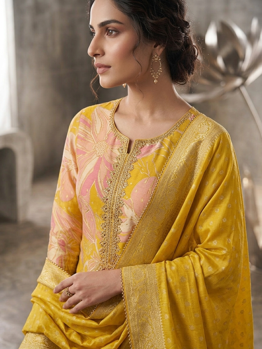 Radiant Mustard Yellow Floral Silk Suit with Banarasi Zari Borders
