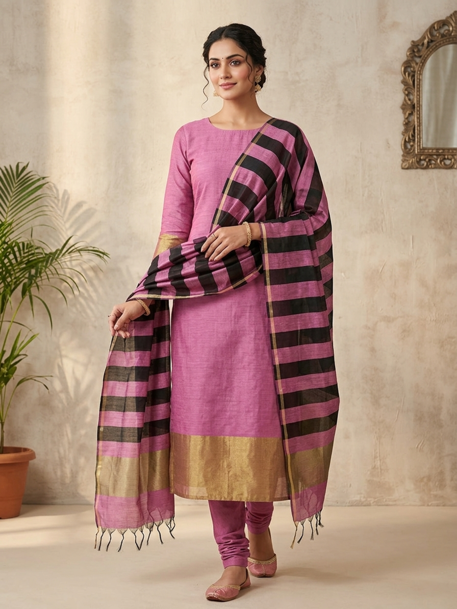 Mauve Orchid Handloom Tussar Silk Suit with Gold Zari & Striped Dupatta