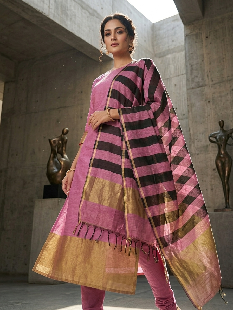 Mauve Orchid Handloom Tussar Silk Suit with Gold Zari & Striped Dupatta