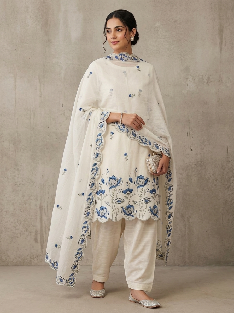 Serene Ivory Organza Suit Set with Azure Blue Floral Embroidery