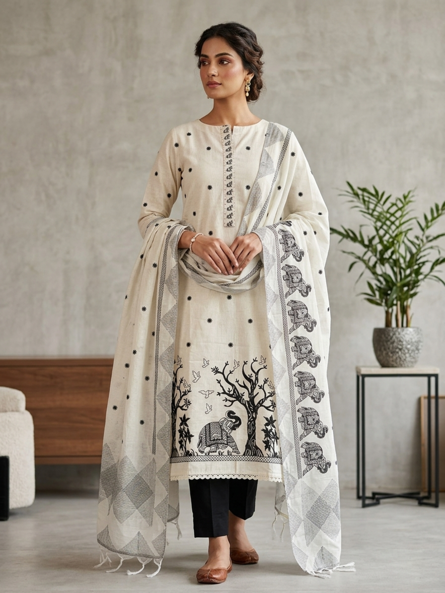 Serene Ivory Organza Suit Set with Azure Blue Floral Embroidery