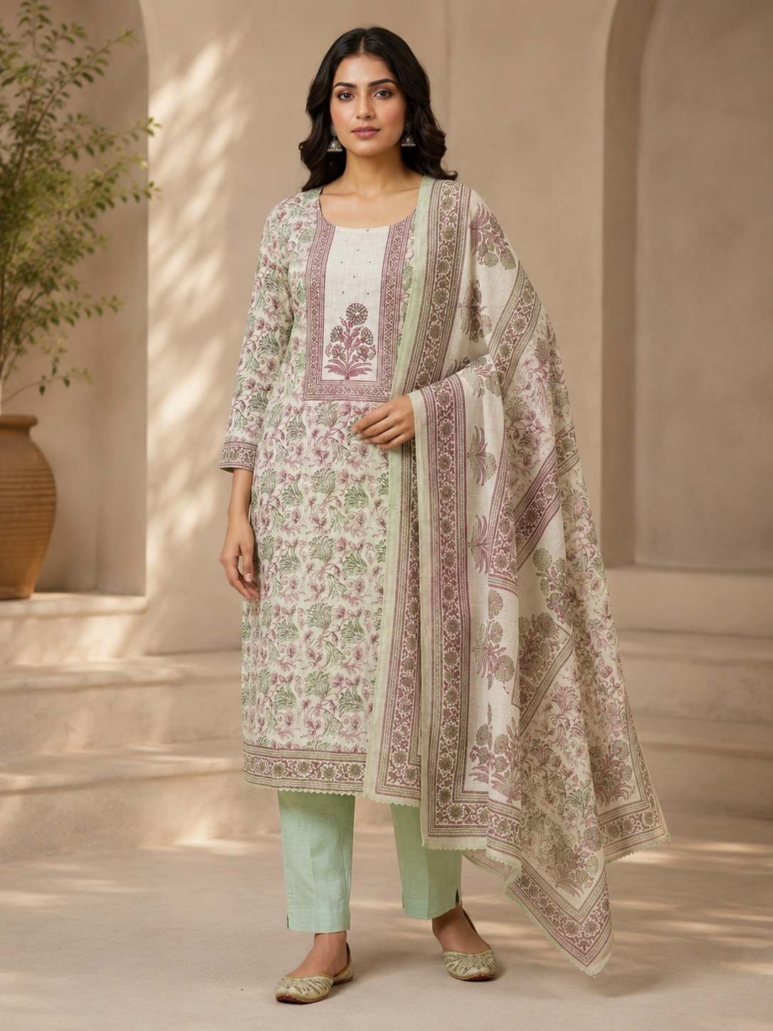 Women’s Elegant Floral Printed Cotton Kurta Pant Dupatta Set | Pastel Ethnic Suit Set for Women