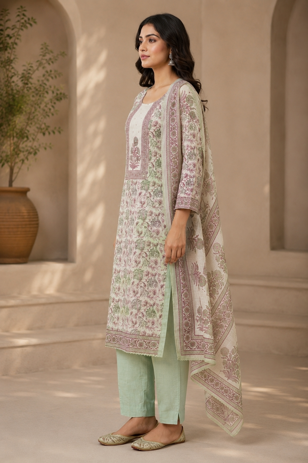 Women’s Elegant Floral Printed Cotton Kurta Pant Dupatta Set | Pastel Ethnic Suit Set for Women
