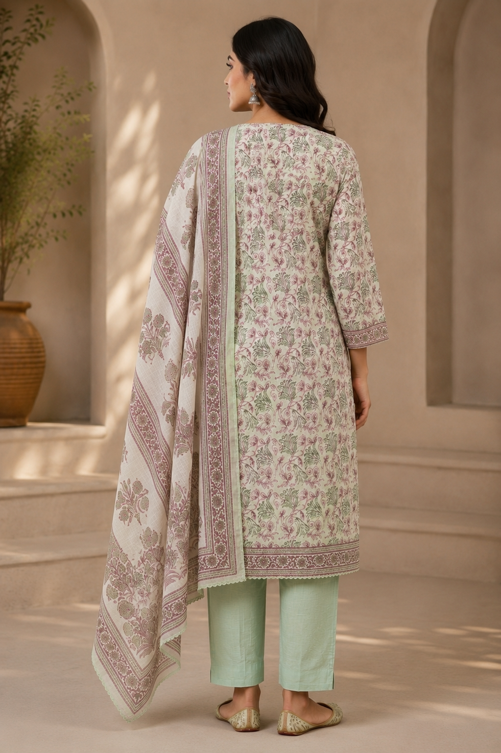 Women’s Elegant Floral Printed Cotton Kurta Pant Dupatta Set | Pastel Ethnic Suit Set for Women