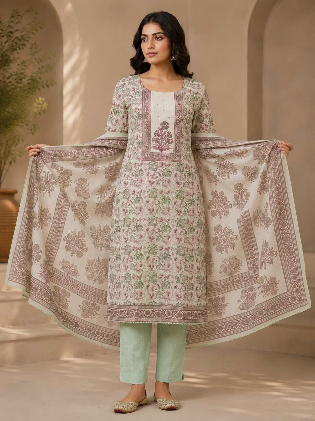 Women’s Elegant Floral Printed Cotton Kurta Pant Dupatta Set | Pastel Ethnic Suit Set for Women