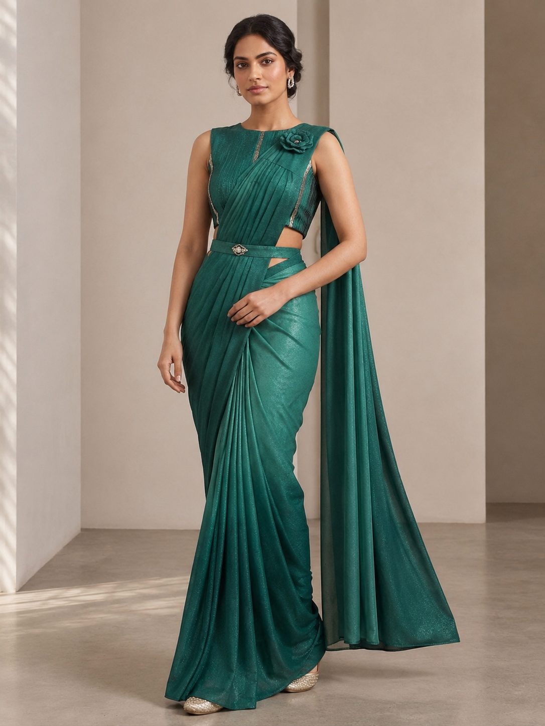 SIMISH Teal Green Designer Saree Gown for Women | Premium Indo Western Party Wear Saree Gown with Draped Pallu for Wedding & Reception