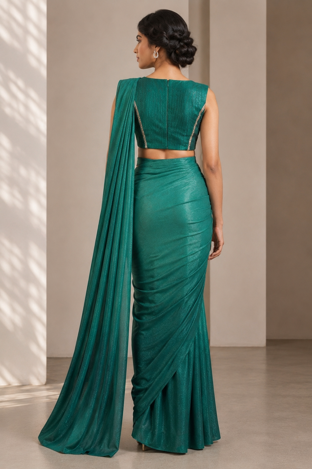 SIMISH Teal Green Designer Saree Gown for Women | Premium Indo Western Party Wear Saree Gown with Draped Pallu for Wedding & Reception