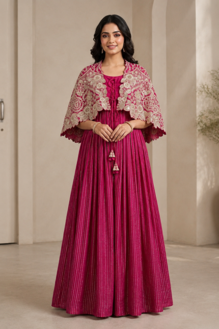 Home 46 SIMISH Magenta Designer Gown for Women with Embroidered Cape | Luxury Party Wear Ethnic Dress for Wedding, Reception & Festive Occasion