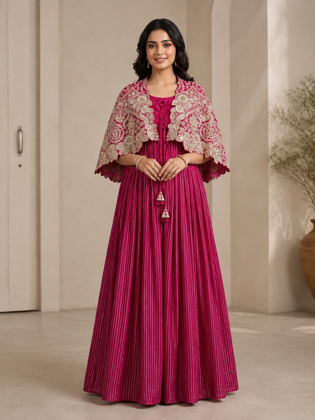 SIMISH Magenta Designer Gown for Women with Embroidered Cape | Luxury Party Wear Ethnic Dress for Wedding, Reception & Festive Occasion