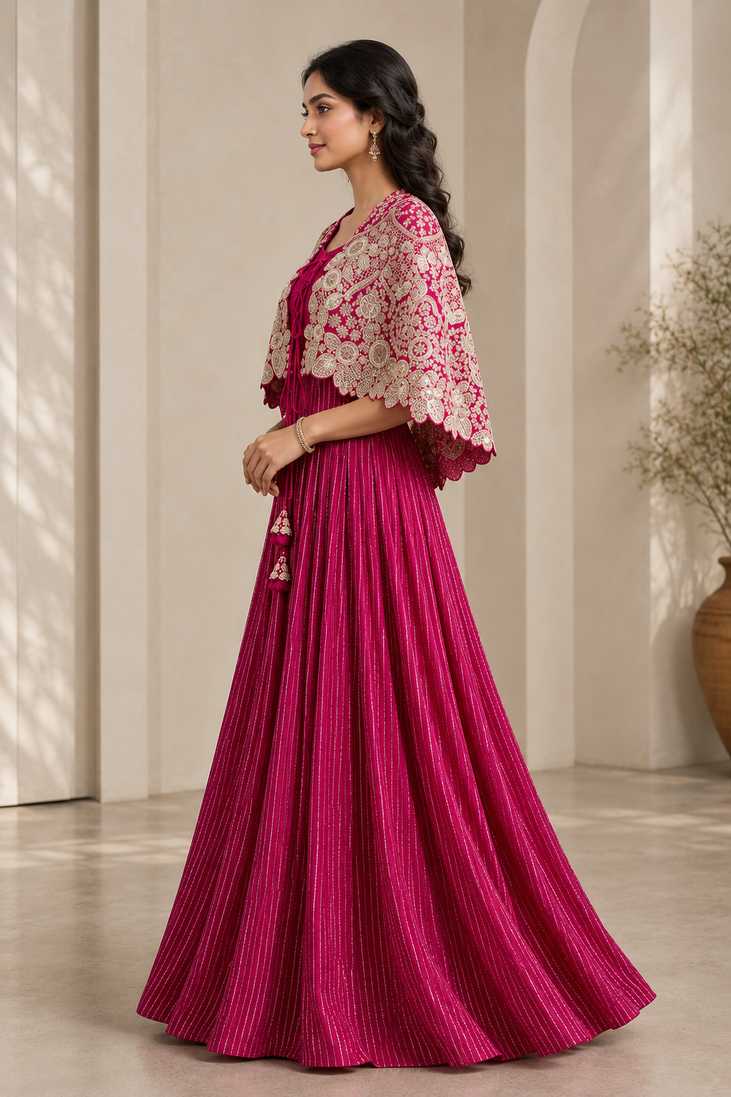 SIMISH Magenta Designer Gown for Women with Embroidered Cape | Luxury Party Wear Ethnic Dress for Wedding, Reception & Festive Occasion