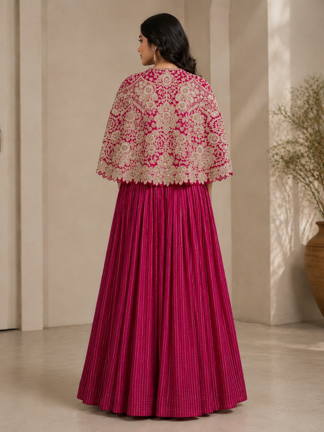 SIMISH Magenta Designer Gown for Women with Embroidered Cape | Luxury Party Wear Ethnic Dress for Wedding, Reception & Festive Occasion