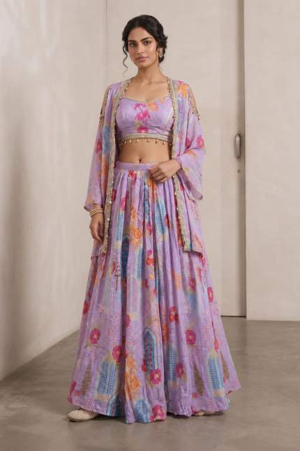 Home 48 SIMISH Premium Pastel Lavender Printed Lehenga Choli Set for Women with Designer Shrug Dupatta | Luxury Festive, Wedding & Party Wear Ethnic Collection