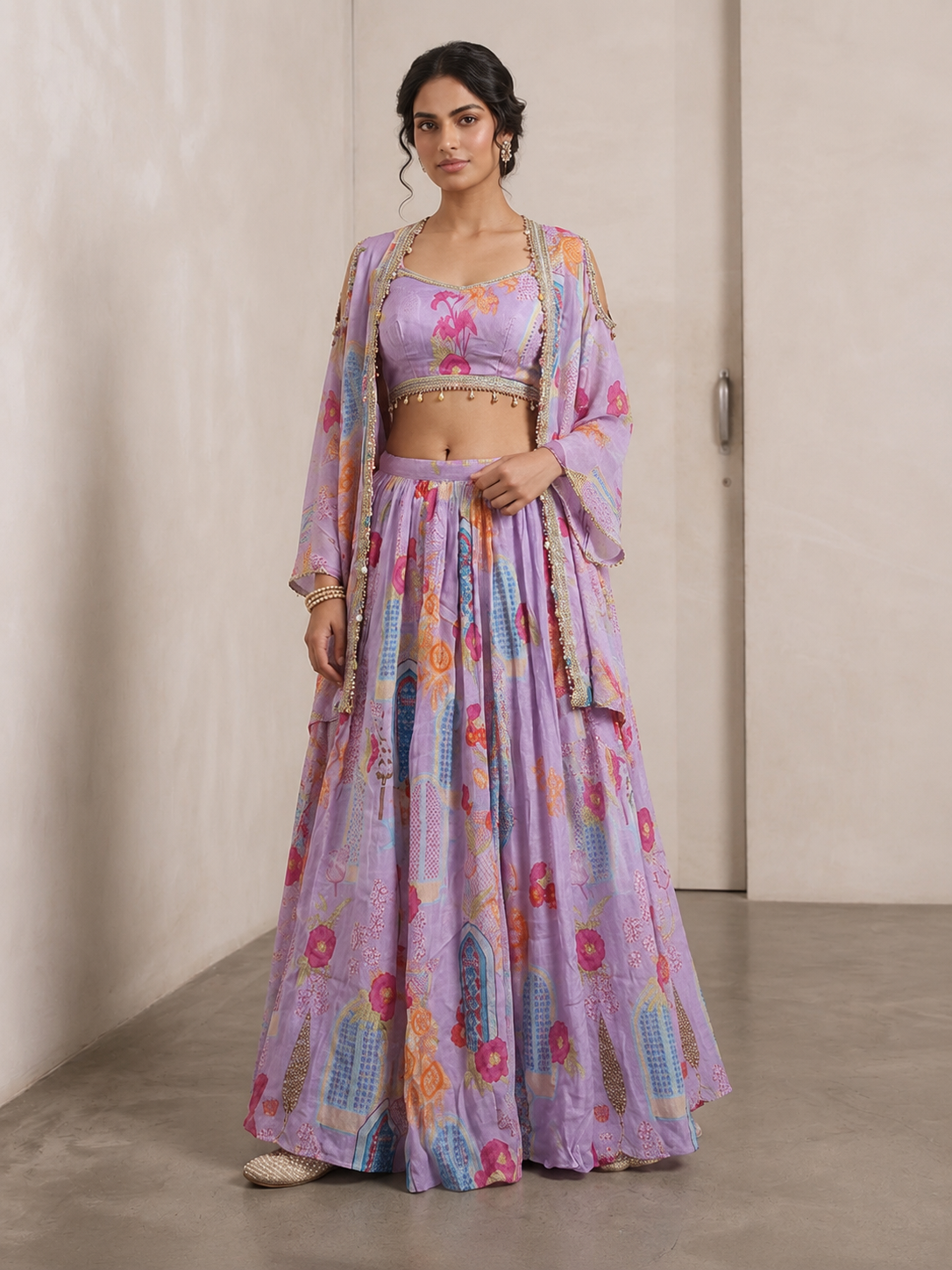 SIMISH Premium Pastel Lavender Printed Lehenga Choli Set for Women with Designer Shrug Dupatta | Luxury Festive, Wedding & Party Wear Ethnic Collection