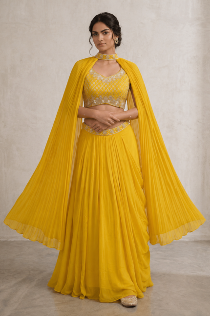 Home 50 SIMISH Luxury Yellow Pleated Lehenga Choli Set for Women with Designer Cape Dupatta | Premium Festive, Wedding & Party Wear Ethnic Collection