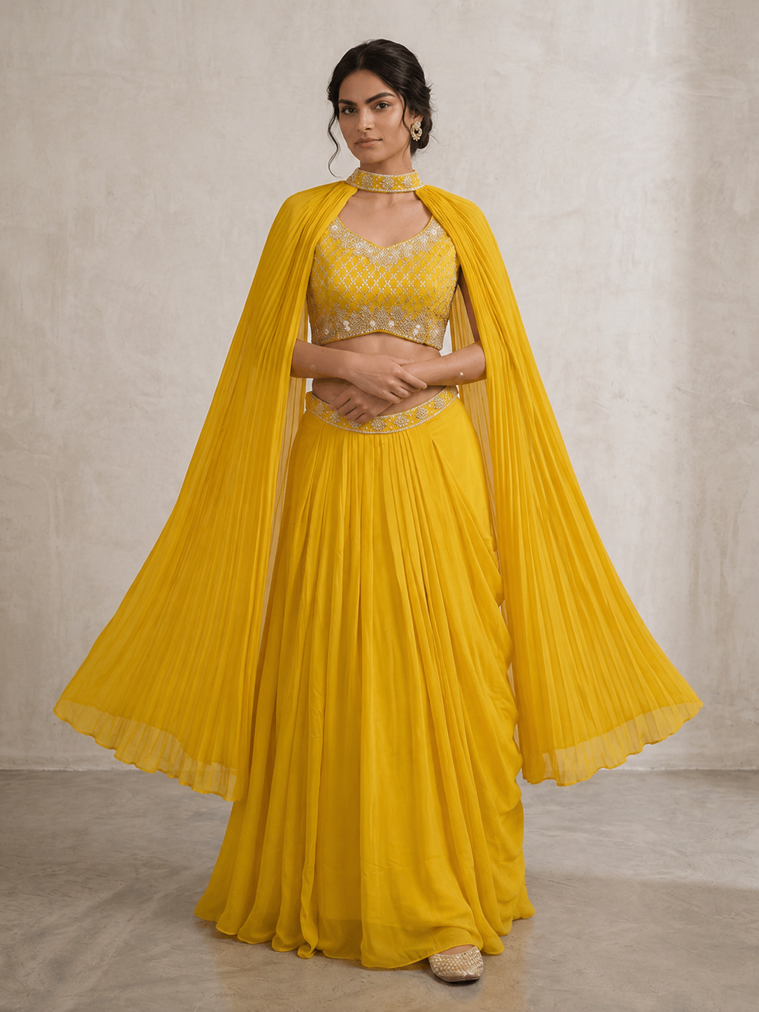 SIMISH Luxury Yellow Pleated Lehenga Choli Set for Women with Designer Cape Dupatta | Premium Festive, Wedding & Party Wear Ethnic Collection