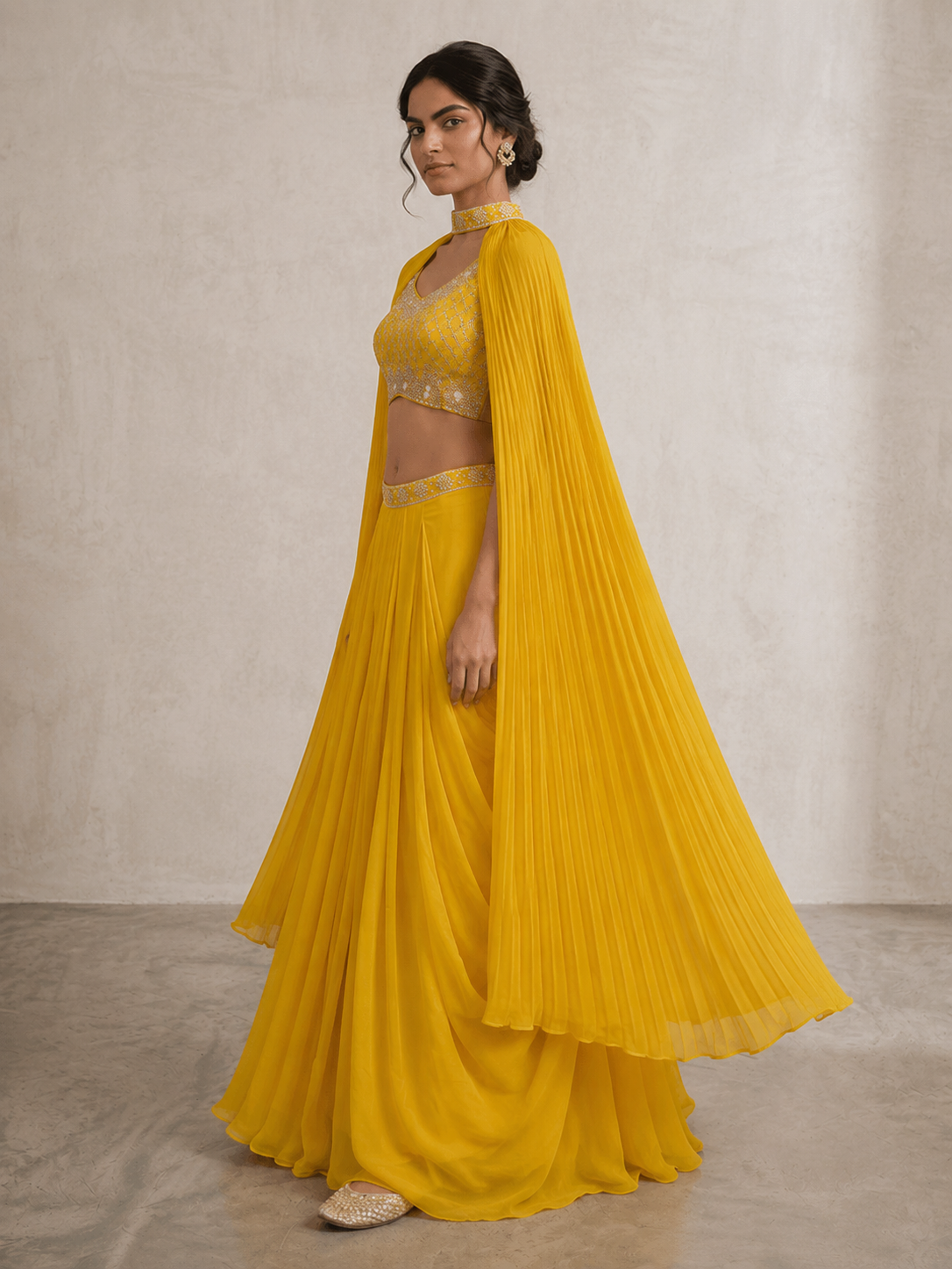 SIMISH Luxury Yellow Pleated Lehenga Choli Set for Women with Designer Cape Dupatta | Premium Festive, Wedding & Party Wear Ethnic Collection