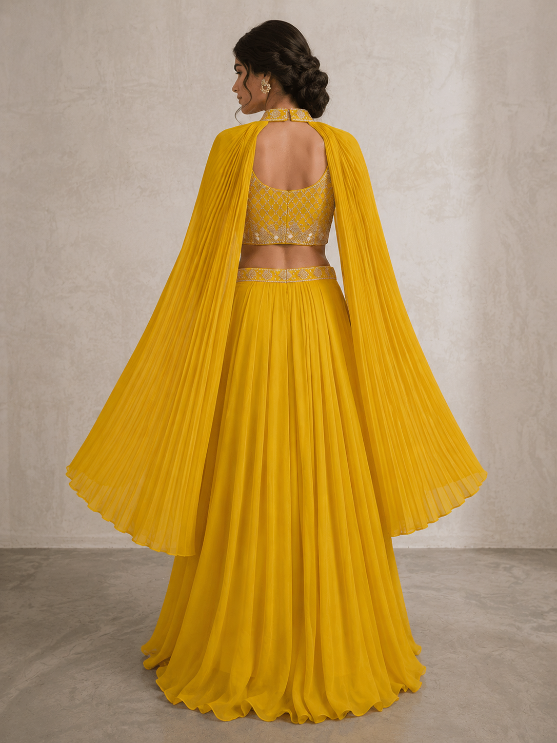 SIMISH Luxury Yellow Pleated Lehenga Choli Set for Women with Designer Cape Dupatta | Premium Festive, Wedding & Party Wear Ethnic Collection