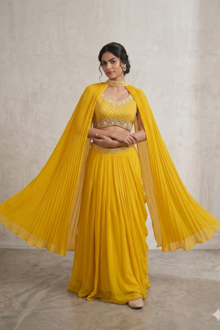 SIMISH Luxury Yellow Pleated Lehenga Choli Set for Women with Designer Cape Dupatta | Premium Festive, Wedding & Party Wear Ethnic Collection