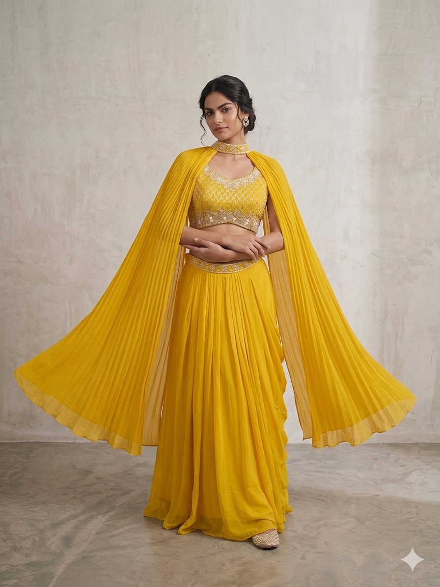 SIMISH Luxury Yellow Pleated Lehenga Choli Set for Women with Designer Cape Dupatta | Premium Festive, Wedding & Party Wear Ethnic Collection