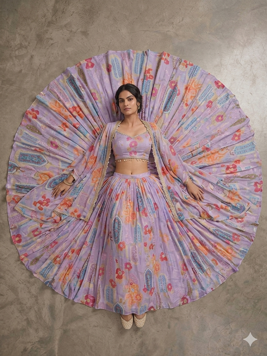 SIMISH Premium Pastel Lavender Printed Lehenga Choli Set for Women with Designer Shrug Dupatta | Luxury Festive, Wedding & Party Wear Ethnic Collection