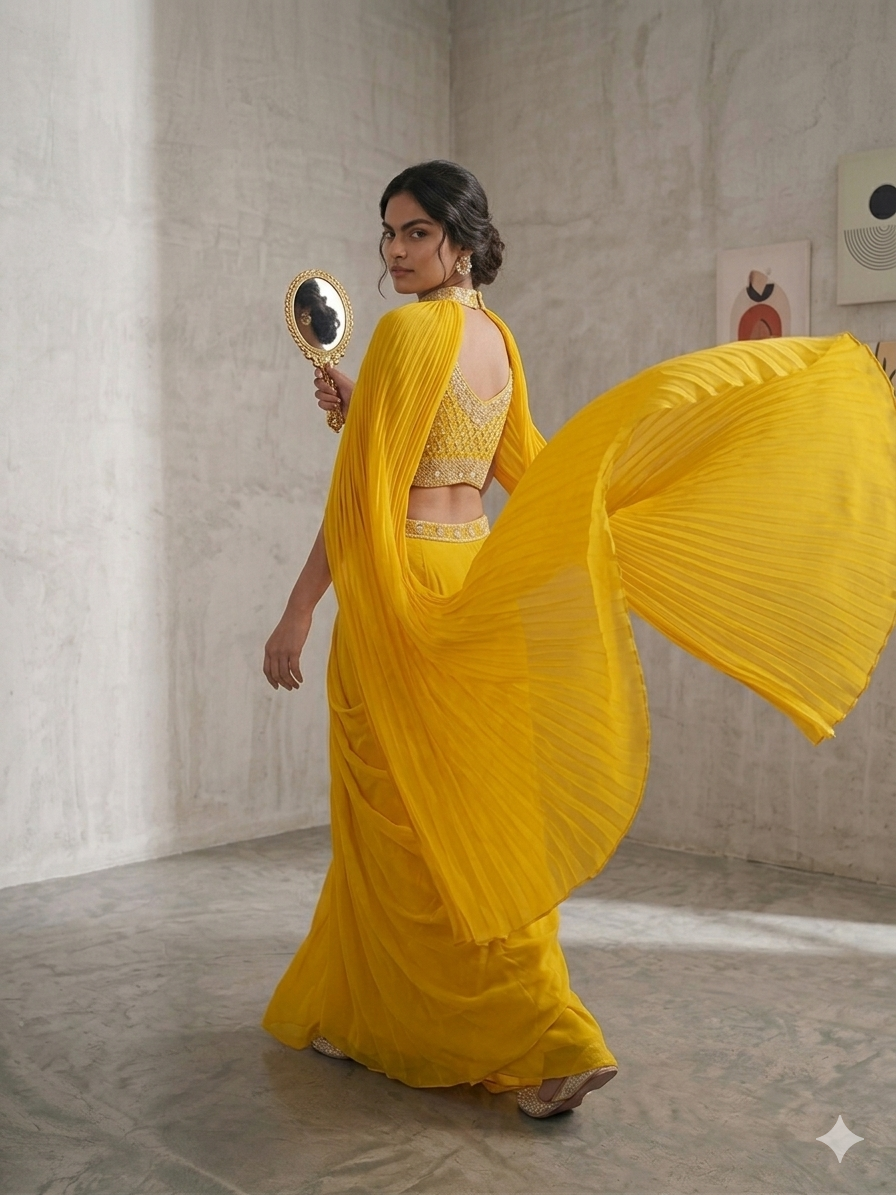 SIMISH Luxury Yellow Pleated Lehenga Choli Set for Women with Designer Cape Dupatta | Premium Festive, Wedding & Party Wear Ethnic Collection