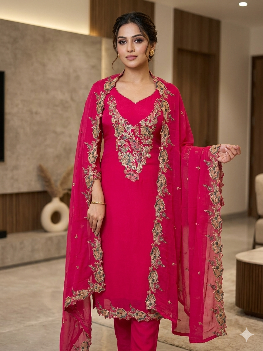 Elegant Rani Pink Embroidered Salwar Suit Set with Designer Dupatta for Women