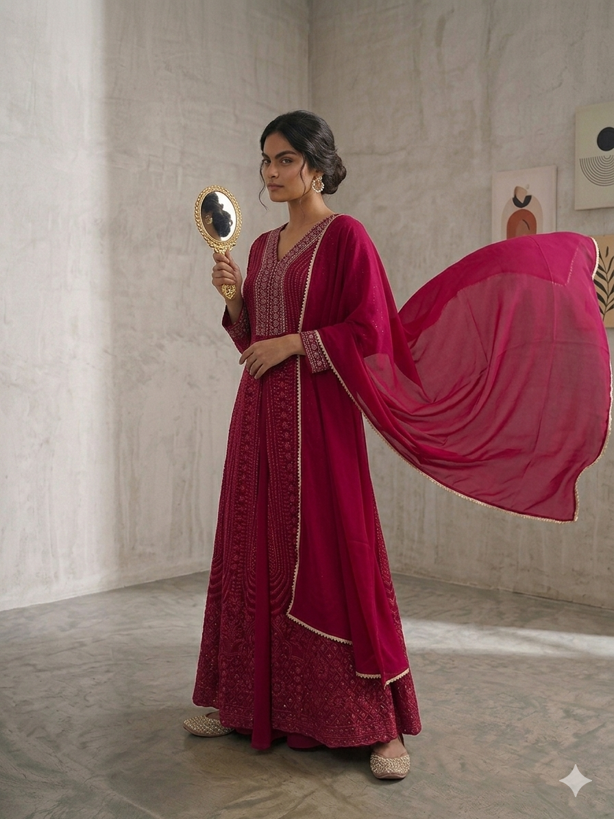 SIMISH Pink Embroidered Anarkali Suit for Women with Chiffon Dupatta | Designer Wedding & Festive Party Wear Ethnic Set