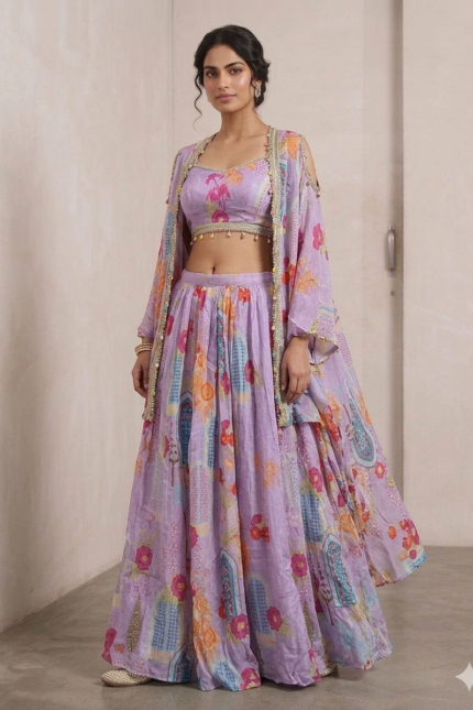 SIMISH Premium Pastel Lavender Printed Lehenga Choli Set for Women with Designer Shrug Dupatta | Luxury Festive, Wedding & Party Wear Ethnic Collection