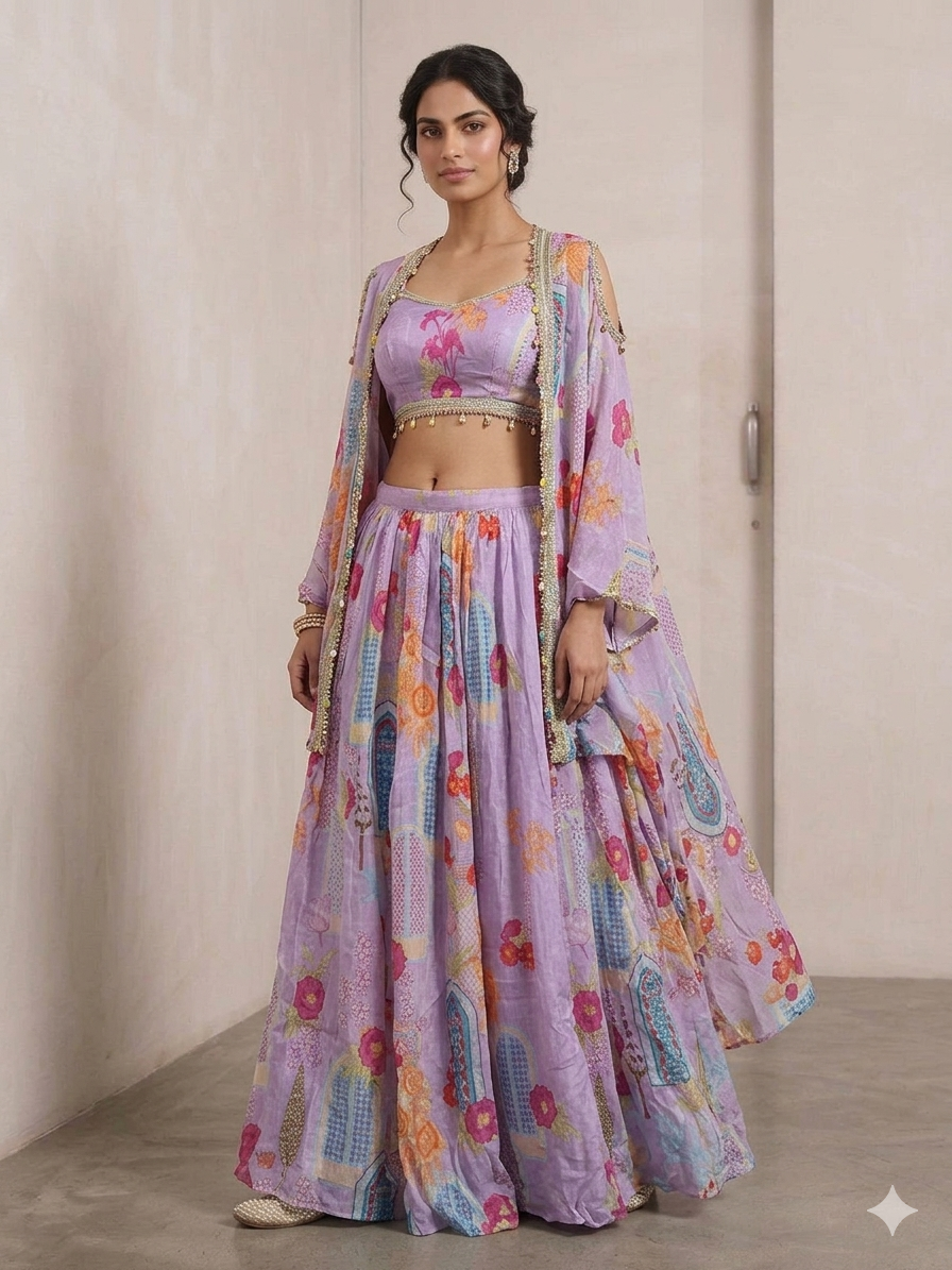 SIMISH Premium Pastel Lavender Printed Lehenga Choli Set for Women with Designer Shrug Dupatta | Luxury Festive, Wedding & Party Wear Ethnic Collection