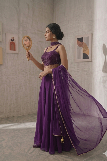 SIMISH Royal Purple Sequin Lehenga Choli Set for Women with Net Dupatta | Designer Wedding, Party & Festive Ethnic Wear