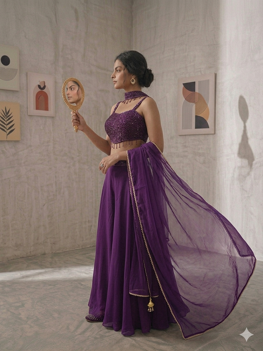SIMISH Royal Purple Sequin Lehenga Choli Set for Women with Net Dupatta | Designer Wedding, Party & Festive Ethnic Wear