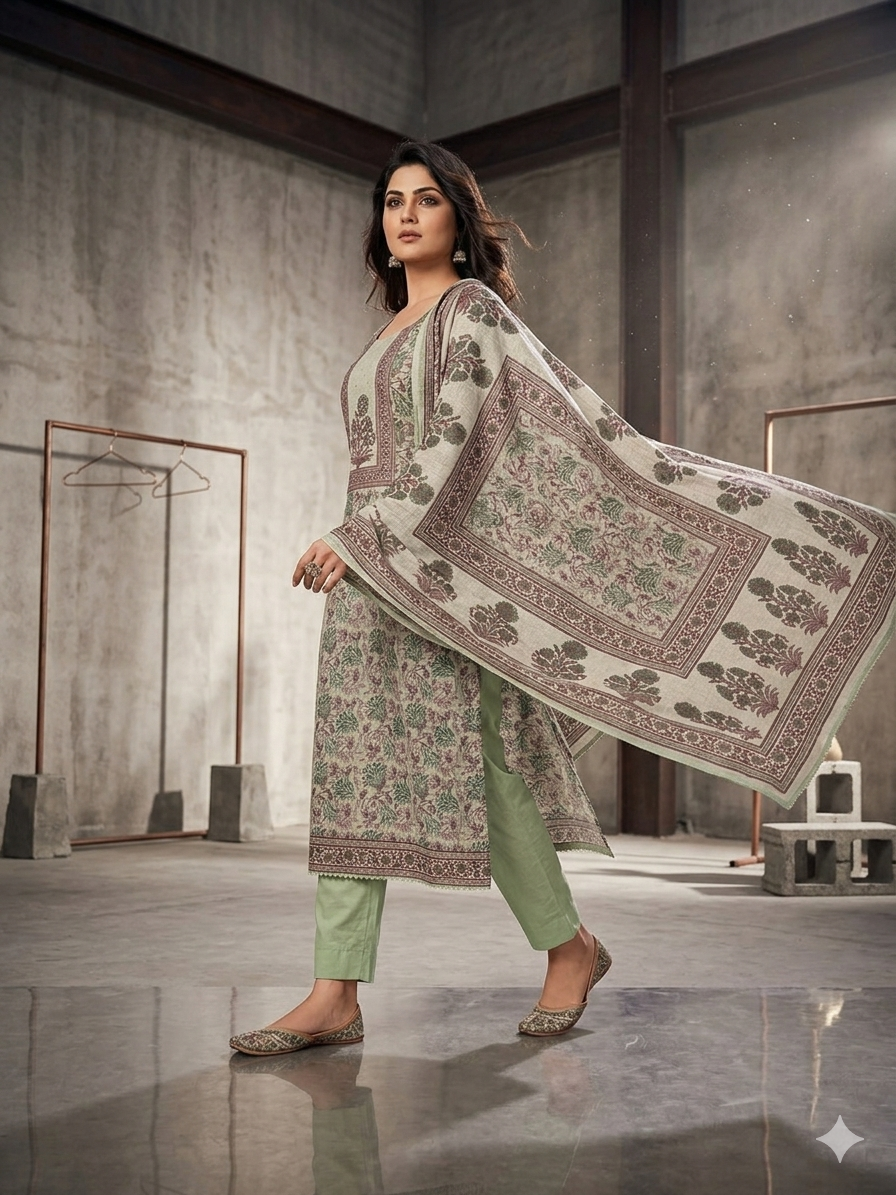 Women’s Elegant Floral Printed Cotton Kurta Pant Dupatta Set | Pastel Ethnic Suit Set for Women