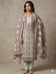 Women’s Elegant Floral Printed Cotton Kurta Pant Dupatta Set | Pastel Ethnic Suit Set for Women