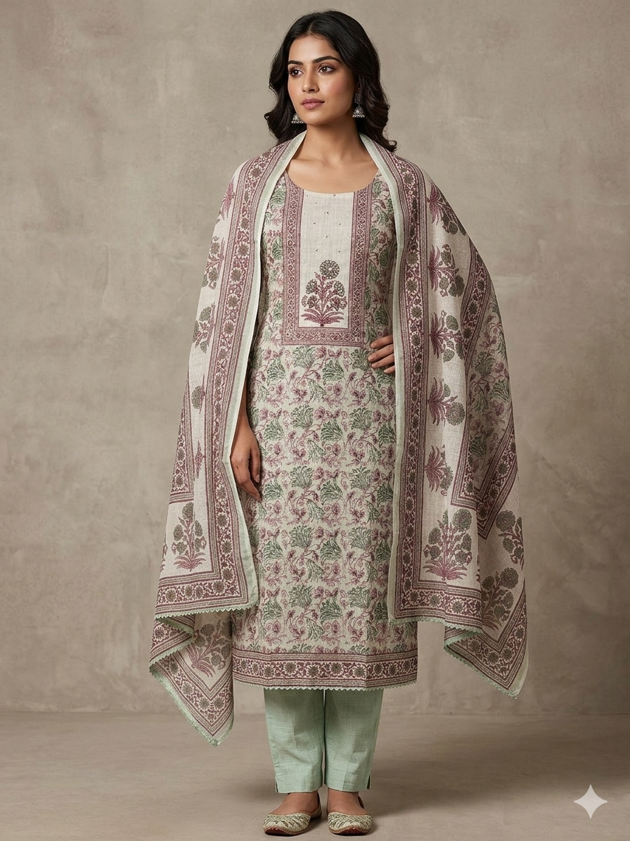 Women’s Elegant Floral Printed Cotton Kurta Pant Dupatta Set | Pastel Ethnic Suit Set for Women