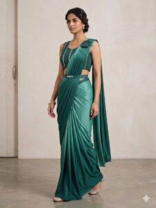 SIMISH Teal Green Designer Saree Gown for Women | Premium Indo Western Party Wear Saree Gown with Draped Pallu for Wedding & Reception