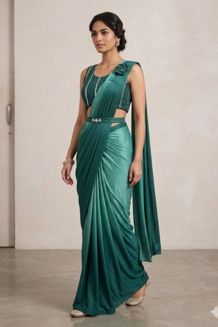 SIMISH Teal Green Designer Saree Gown for Women | Premium Indo Western Party Wear Saree Gown with Draped Pallu for Wedding & Reception