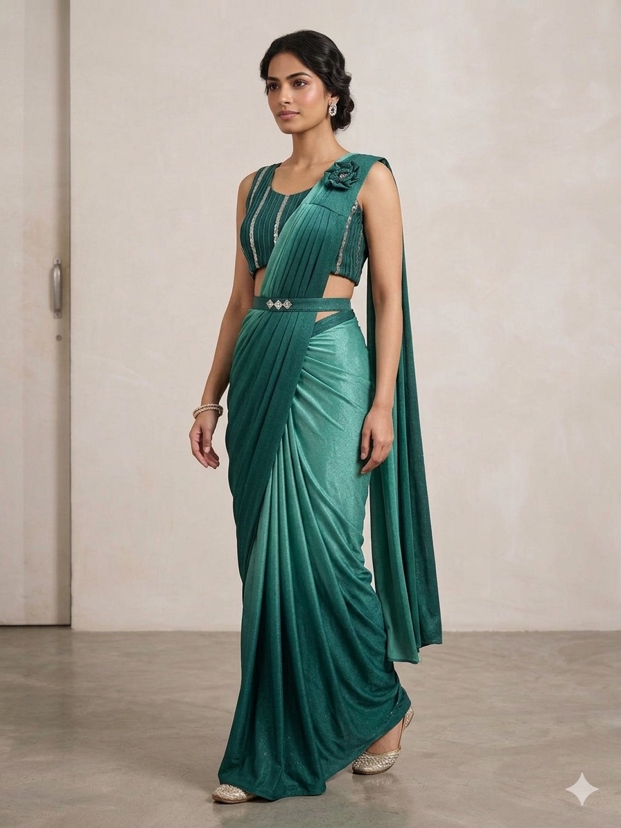 SIMISH Teal Green Designer Saree Gown for Women | Premium Indo Western Party Wear Saree Gown with Draped Pallu for Wedding & Reception