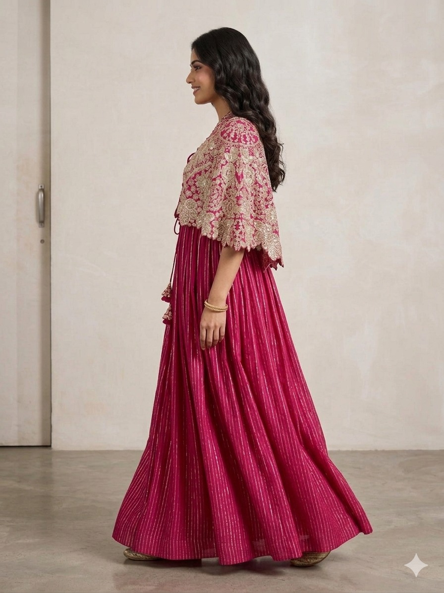 SIMISH Magenta Designer Gown for Women with Embroidered Cape | Luxury Party Wear Ethnic Dress for Wedding, Reception & Festive Occasion