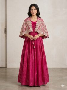 SIMISH Magenta Designer Gown for Women with Embroidered Cape | Luxury Party Wear Ethnic Dress for Wedding, Reception & Festive Occasion