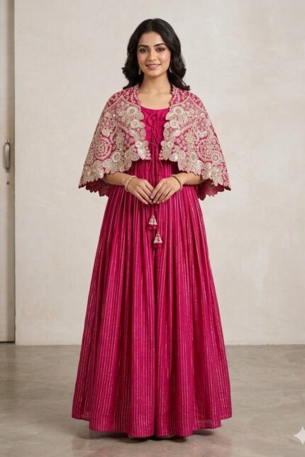 SIMISH Magenta Designer Gown for Women with Embroidered Cape | Luxury Party Wear Ethnic Dress for Wedding, Reception & Festive Occasion