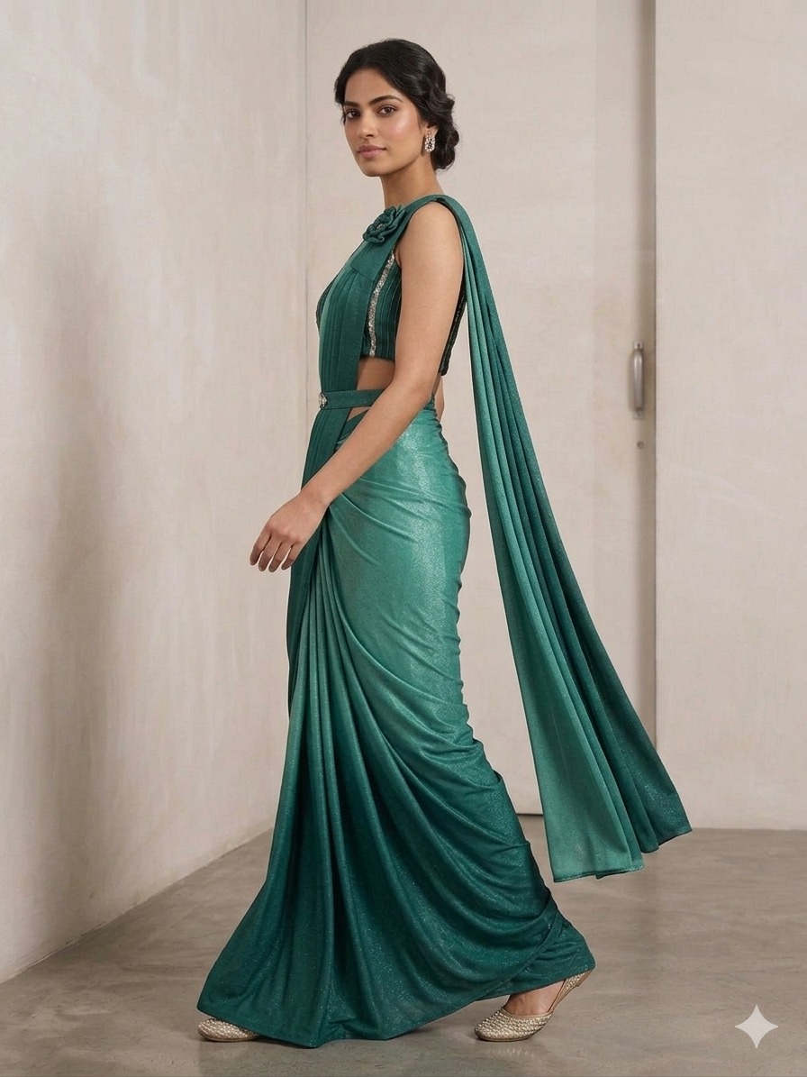 SIMISH Teal Green Designer Saree Gown for Women | Premium Indo Western Party Wear Saree Gown with Draped Pallu for Wedding & Reception