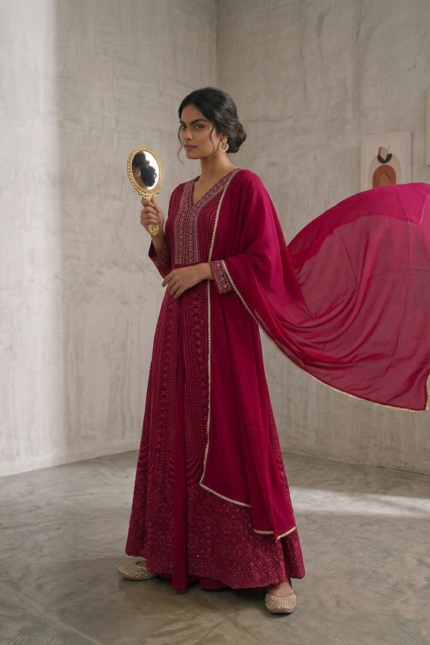 Home 52 SIMISH Pink Embroidered Anarkali Suit for Women with Chiffon Dupatta | Designer Wedding & Festive Party Wear Ethnic Set