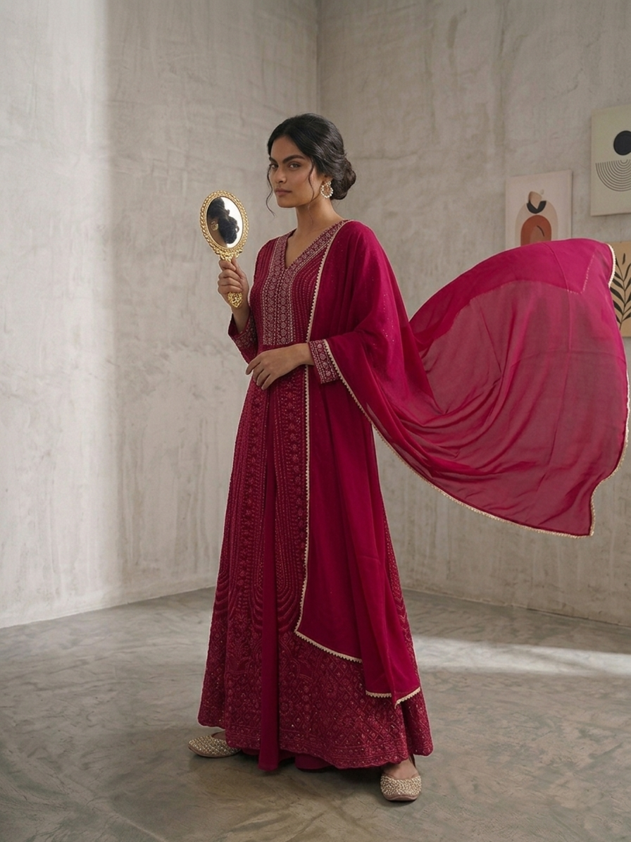 SIMISH Pink Embroidered Anarkali Suit for Women with Chiffon Dupatta | Designer Wedding & Festive Party Wear Ethnic Set
