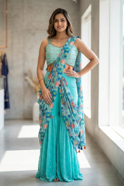 Home 64 SIMISH Trendy Draped Saree for Women with Embroidered Blouse | Designer Party, Wedding & Festive Ethnic Wear