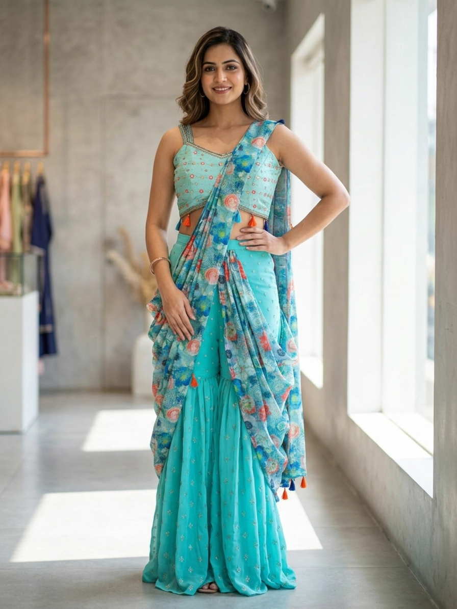 SIMISH Trendy Draped Saree for Women with Embroidered Blouse | Designer Party, Wedding & Festive Ethnic Wear