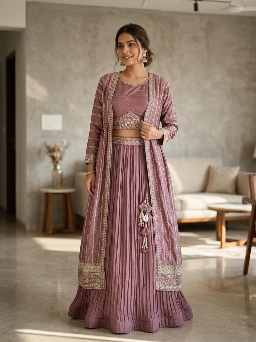 Elegant Mauve Embroidered Lehenga Set for Women