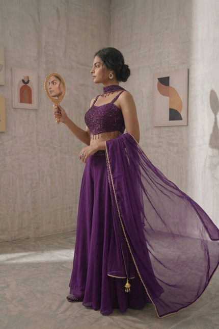 Home 56 SIMISH Royal Purple Sequin Lehenga Choli Set for Women with Net Dupatta | Designer Wedding, Party & Festive Ethnic Wear
