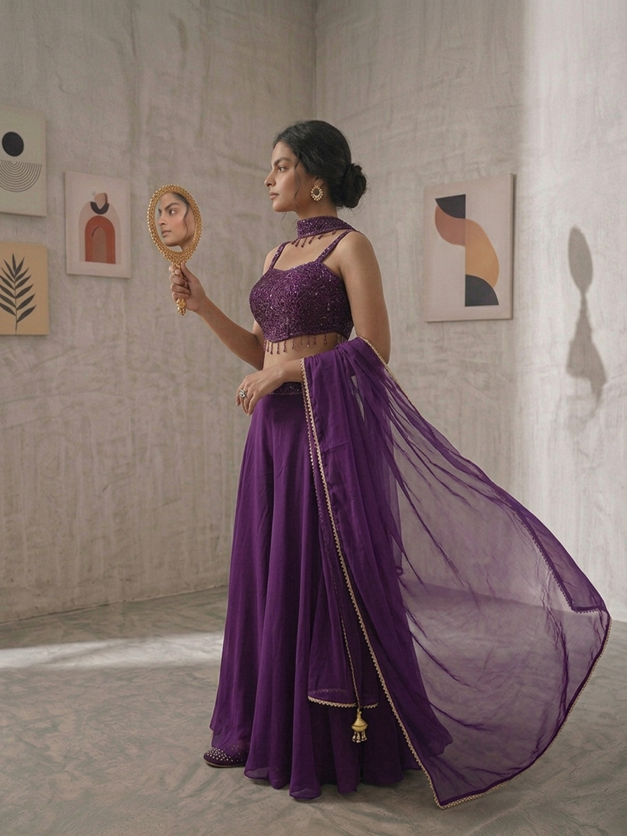 SIMISH Royal Purple Sequin Lehenga Choli Set for Women with Net Dupatta | Designer Wedding, Party & Festive Ethnic Wear