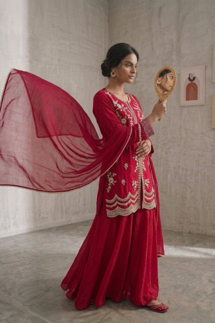 Home 54 SIMISH Elegant Red Embroidered Salwar Suit for Women with Net Dupatta | Designer Wedding & Festive Ethnic Party Wear