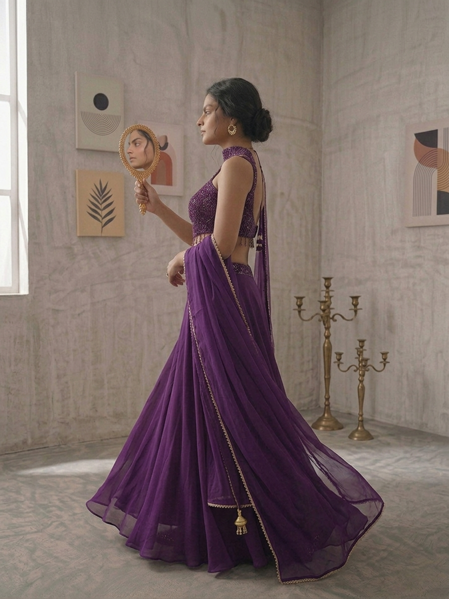 SIMISH Royal Purple Sequin Lehenga Choli Set for Women with Net Dupatta | Designer Wedding, Party & Festive Ethnic Wear